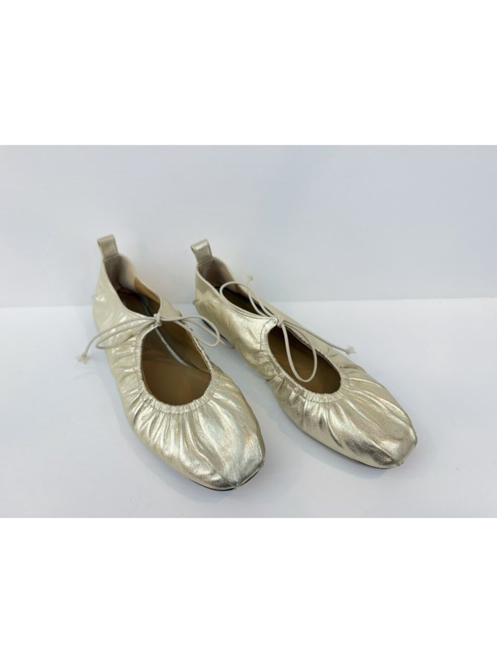 Reike Nen Bow Shirring Flats Lace Up Mary Janes Gold Size 40 US 10 Leather